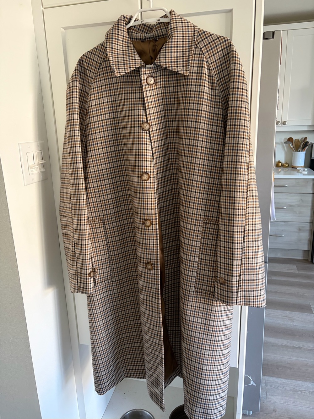 H&M Plaid Trench Coat in Beige and Brown